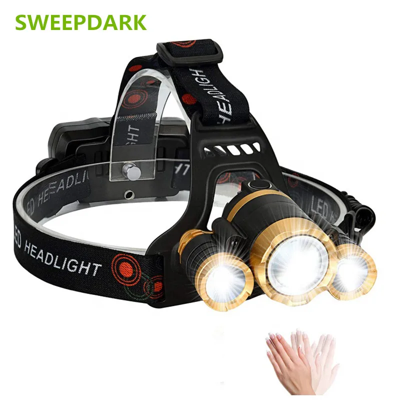 

SWEEPDARK LED Headlamp Zoomable 15000Lm T6 Head Flashlight Torch Sensor Rechargeable Head Light Forehead Lamp Fishing Headlight