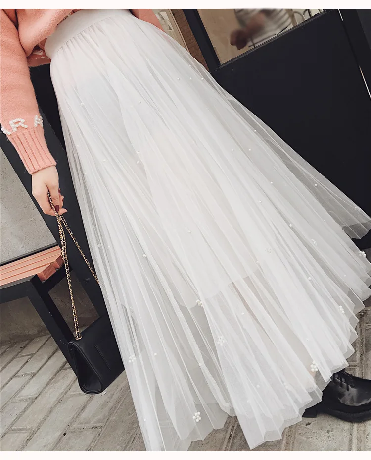Faldas Mujer Moda корейский Бисер плиссированная юбка Высокая Талия Длинные юбки, женские Юпи Тюль Femme, Spodnica plisowana