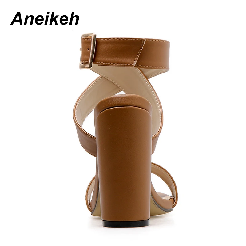Aneikeh/; сандалии-гладиаторы из искусственной кожи; Модные женские босоножки; туфли на высоком каблуке с открытым носком и ремешком на щиколотке; туфли-лодочки на квадратном каблуке; Цвет Черный; Размеры 35-40