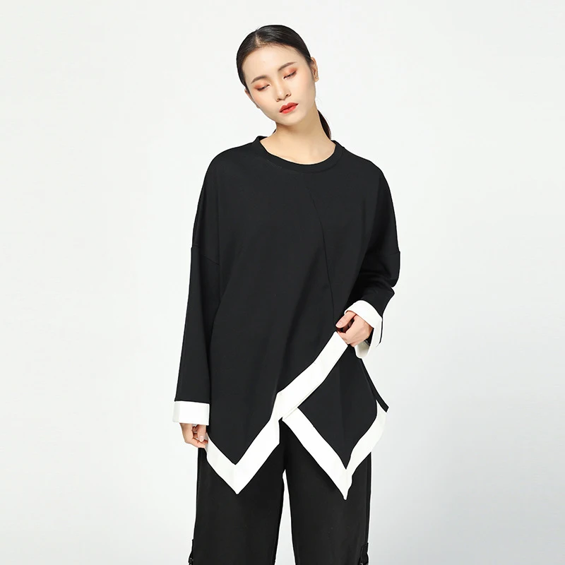 Black T-shirts CHICEVER хит, цветные топы, женские футболки с круглым вырезом, рукав летучая мышь, асимметричный подол, свободная футболка для женщин, модная повседневная одежда, новинка - Цвет: Black T-shirts