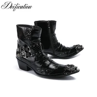 deification high heels punk style leather men shoes military cowboy ankle boots metal pointy toe lace up buckle straps shoes men