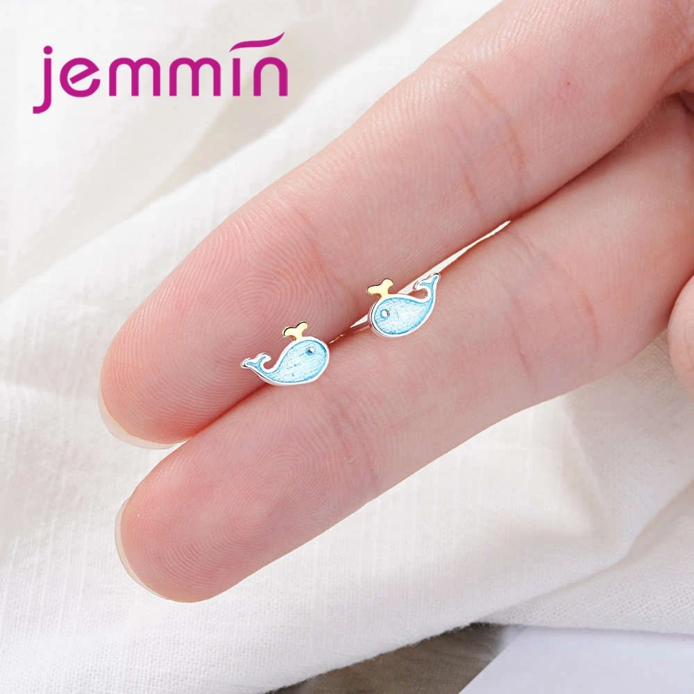 

New Cute Fashion Dolphin Stud Earrings For Women Girls 925 Sterling Silver Blue Color Small Animal Earrings Wholesale