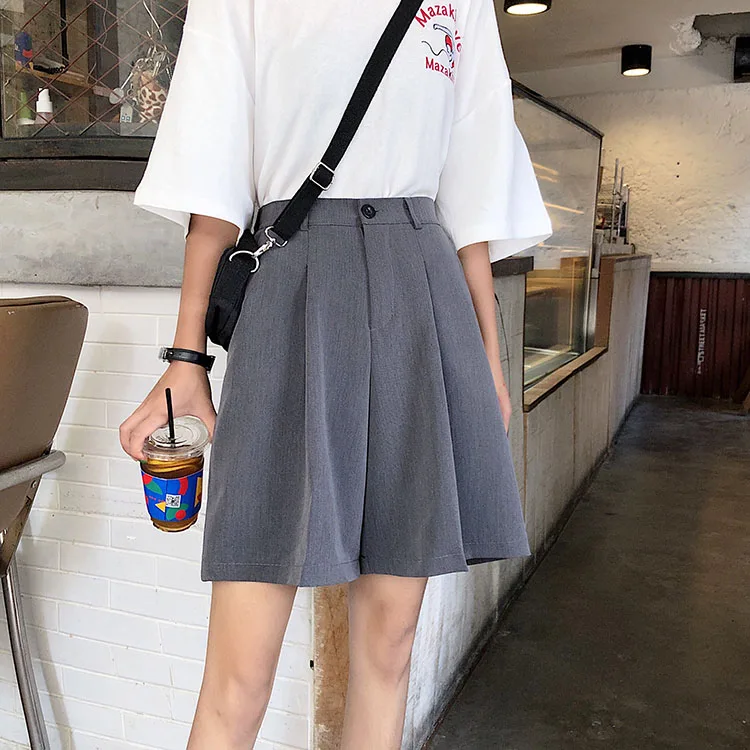 Knee Length Shorts Women Summer Solid Color Elegant Leisure Loose Shorts Trendy Classic Wide Leg Chic Korean Ladies Pockets