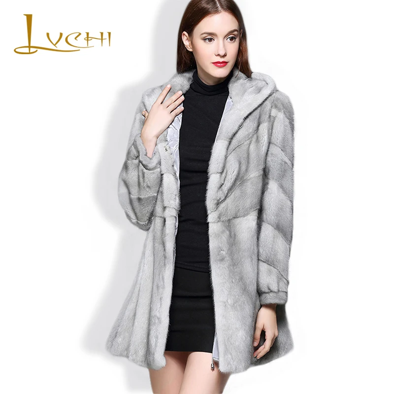 LVCHI Женская куртка из натурального меха пальто женская шапка сапфира серого