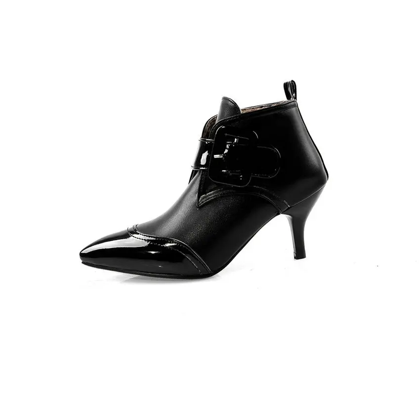 QUTAA Patent Leather Mixed Color Buckle Strap Women Shoes Autumn Winter Sexy Thin Heel Pointed Toe Ankle Boots Size 34-43