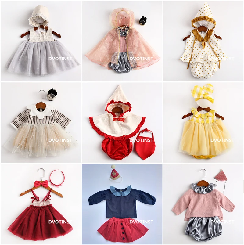 Dvotinst Newborn Baby Girls Photography Props Lace Dresses Hat Bonnet+Outfits Set Fotografia Costume 3-9M Studio Photo |