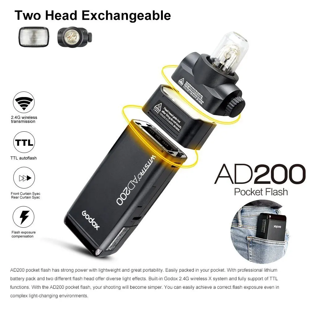 Godox AD200 200Ws 2 4G TTL вспышка стробоскоп 1/8000 HSS Беспроводная монолайт для покрытия 500