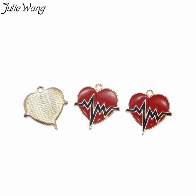 Julie Wang 10 шт. красная эмаль сердце с сердечком Золотая основа цинковая
