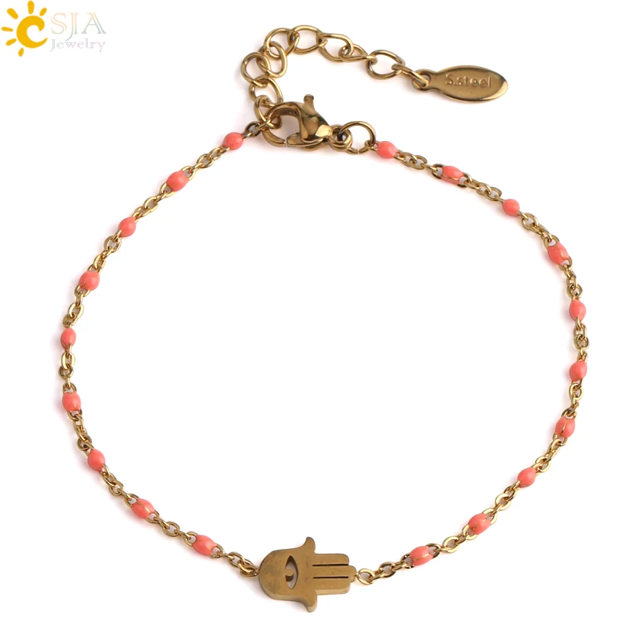 Rose Red CSJA, браслет Фатимы Хамса из нержавеющей стали, браслет для женщин, золотой цвет, звено цепи, браслет для женщин, свадебные ювелирные изделия S416 - Окраска металла: Rose Red