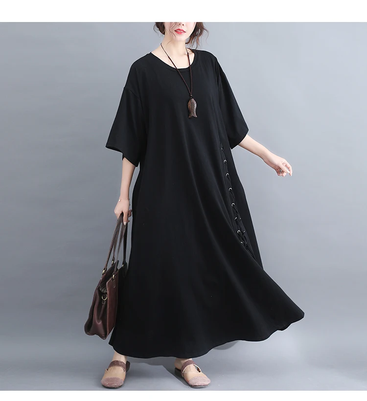 Весенняя мода плюс размер шнуровка Хлопок Макси длинное платье 2019 Лето Lagenlook 1/2