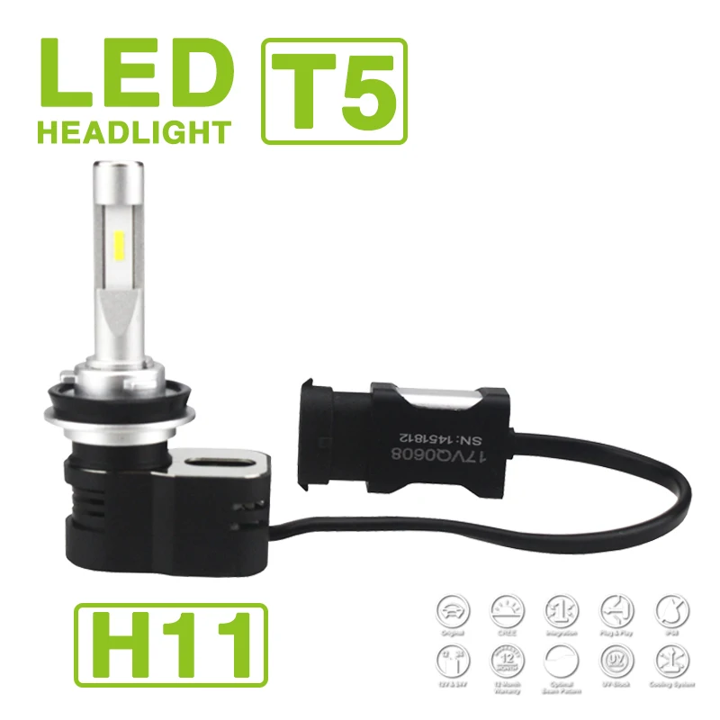 1 Set H8 H9 H11 Turbine T5 LED Headlight Headlamps 60W 9600LM CSP Y19 Chips All-in-one Super White 6000K Driving Fog Car Bulbs
