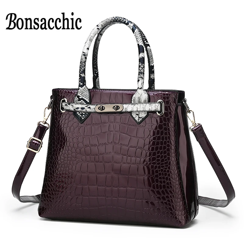 Bonsacchic красные лакированные кожаные сумки Дамская сумка из крокодиловой кожи