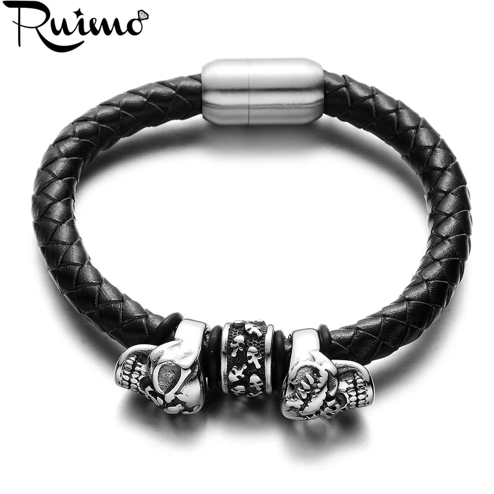 Женские кожаные браслеты RUIMO черные плетеные в стиле панк из нержавеющей стали 316L