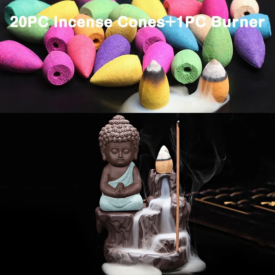 (2) with 20 Incense 20 шт. благовония конусы+ горелка творческий домашний Декор маленький монах кадило в виде маленького Будды обратного потока благовония горелки использовать в домашних условиях Teaho - Цвет: (2) with 20 Incense