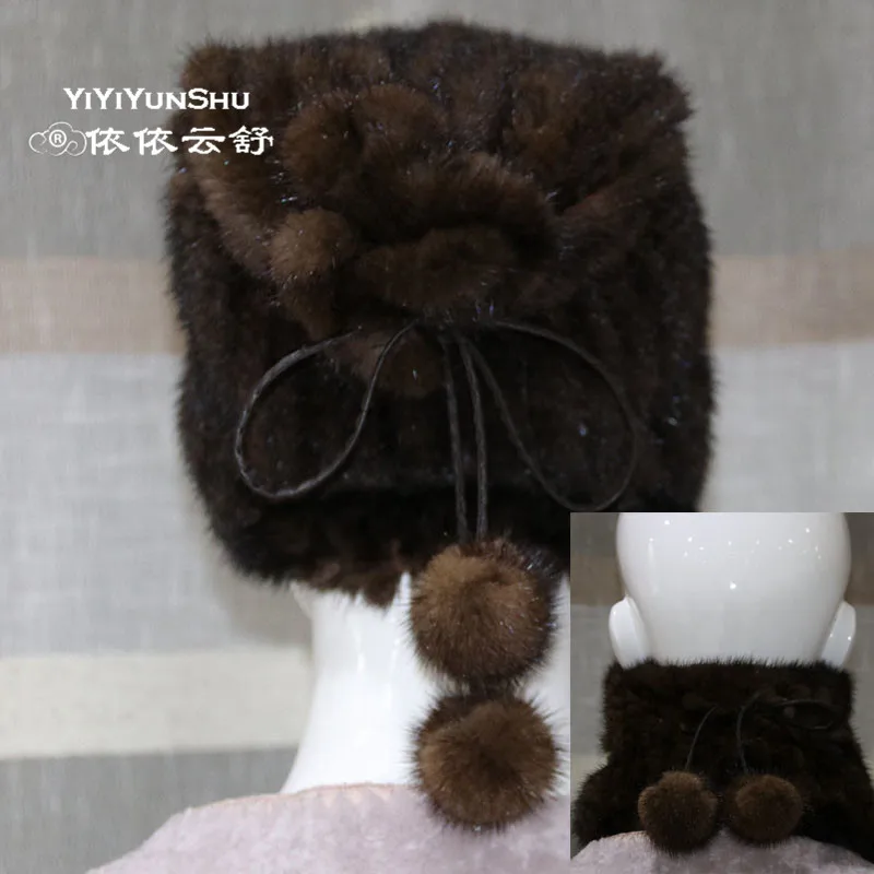 Женская шапка с норковым мехом YIYIYUNSHU теплая зимняя на шнурке воротником из