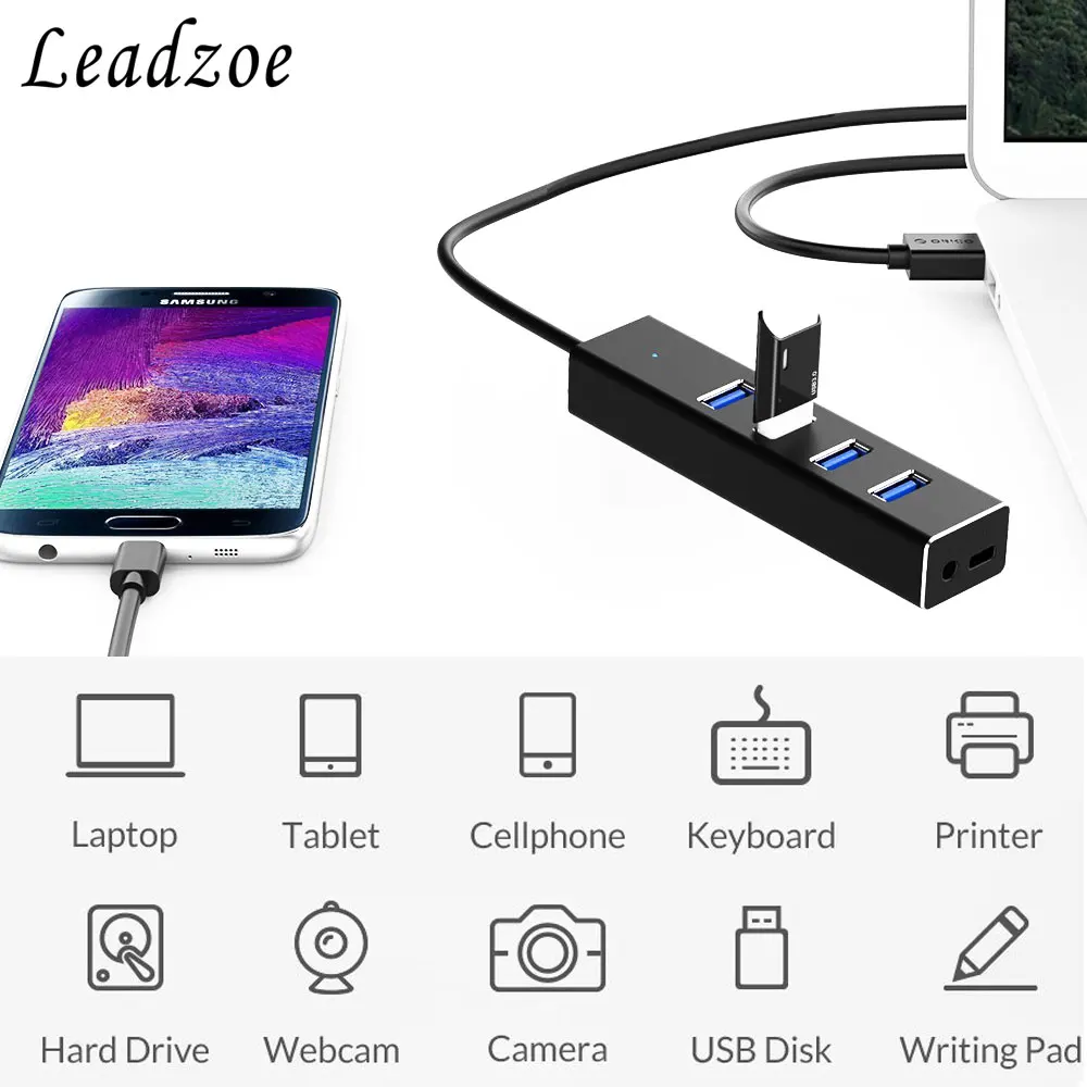 USB C Hub Leadzoe алюминиевый 4 портовый концентратор Type w/Встроенный кабель и