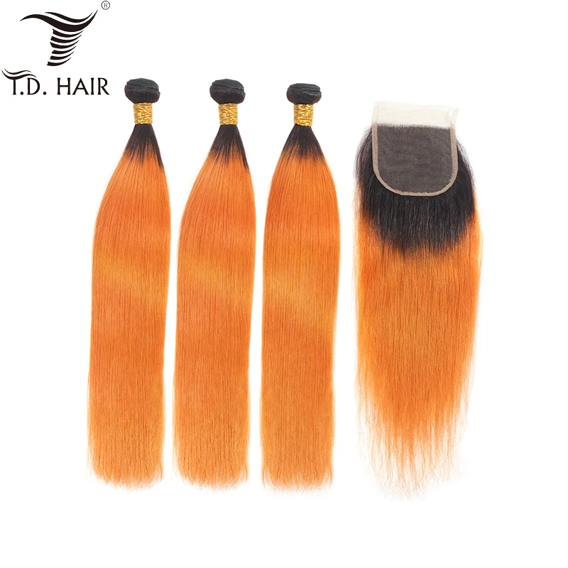Tdhair Омбре пряди с закрытием 1B/Orange бразильские волосы ткать Омбре прямые человеческие волосы 3 пряди с 4*4 закрытием для женщин
