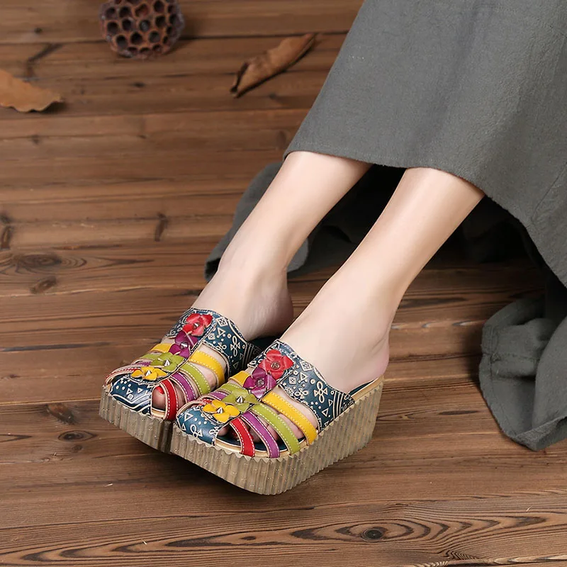 

2019 Summer New Hollow Out Handmade Shoes Women Slides Genuine Leather Cover Toes Flower Female Platform Wedges Slippers