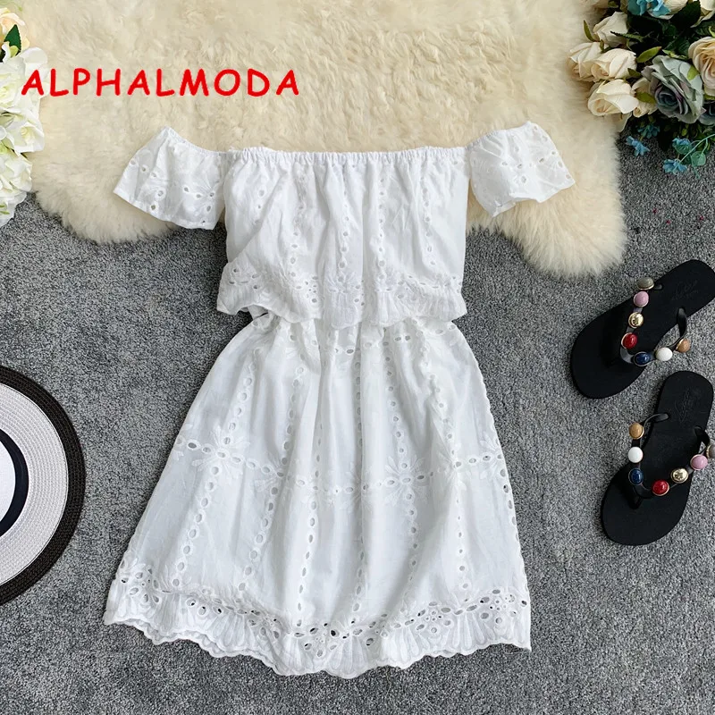 Женское платье с открытыми плечами ALPHALMODA повседневное мини коротким рукавом и
