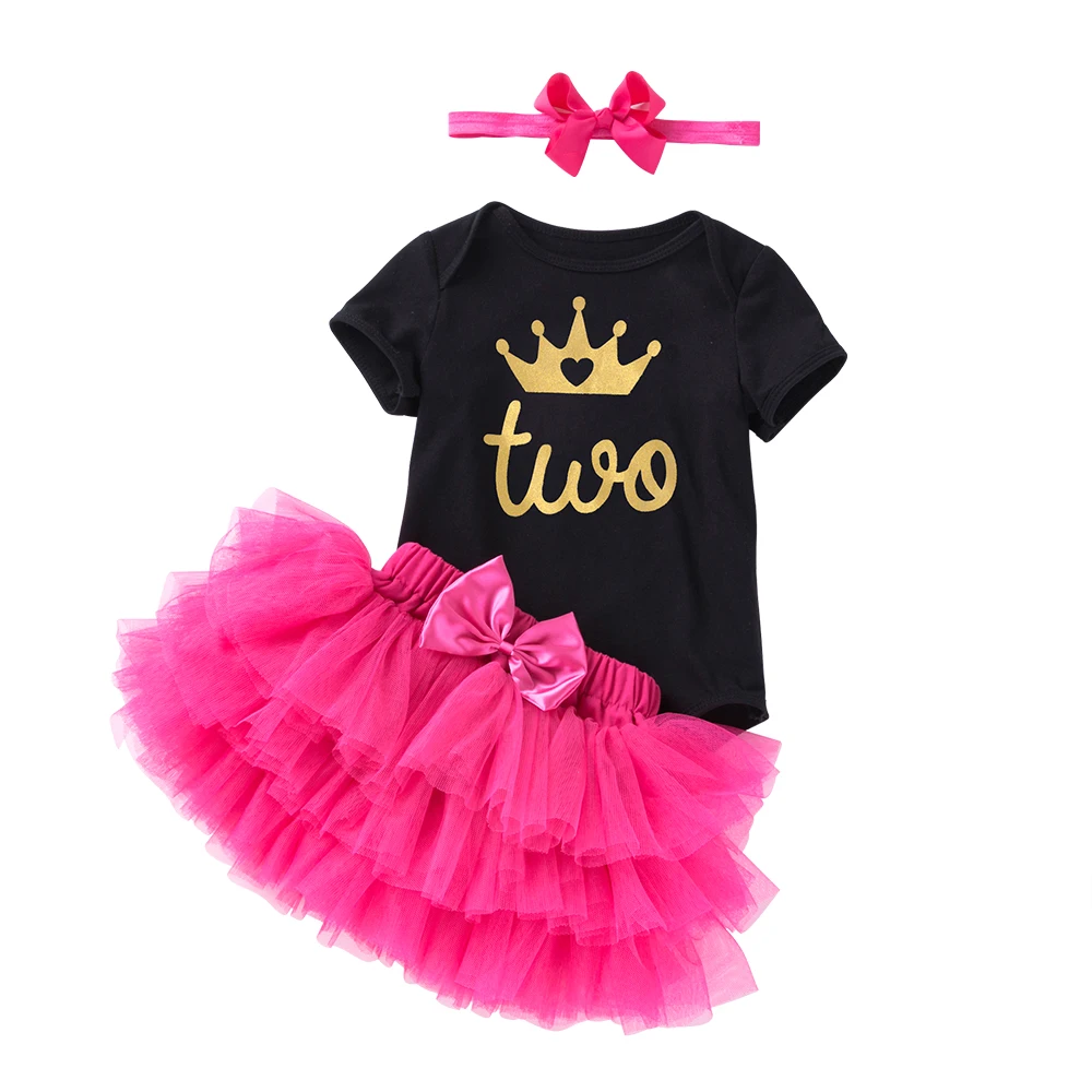 

Baby Girl's Letters Print Princess Black Rompers+Flower Turban+Layered Tutu Skirt 3PCS Clothing Sets Rompers Summer Clothing Set