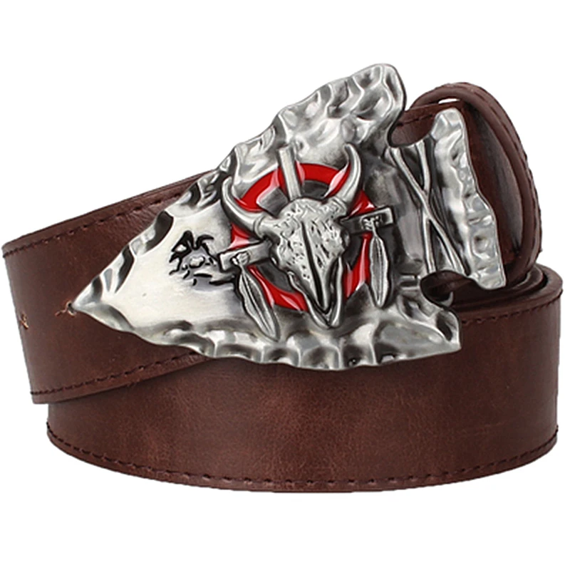 

Cool men's belt bull head funky punk rock style belt west cowboy style Ngau Tau totem personality triangle belt buckle