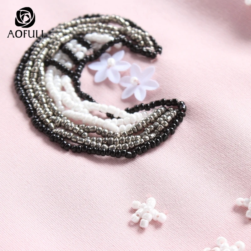 L~ XXXL 4XL 5XL Bird And Moon Beadings Women Casual Dress Big size New Autumn Lace Sleeves Pink AOFULI 9056 | Женская одежда