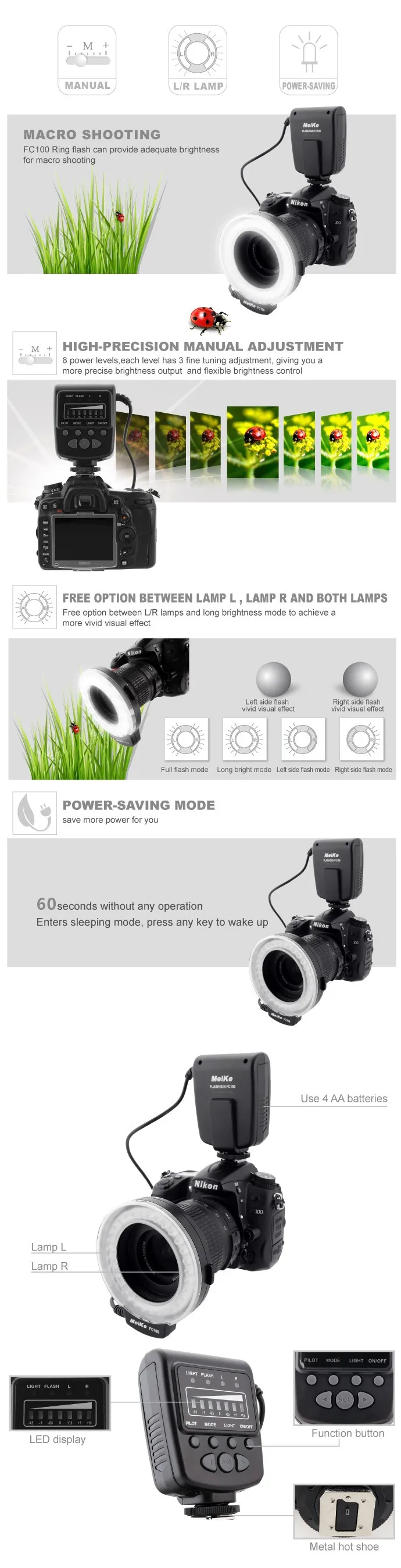 Светодиодные светящиеся макрокольца Meike FC100 для Canon 450D 500D 550D 600D 650D 700D 1100D 6D 7D 5D Mark II 60D 50D Цифровой камеры SLR