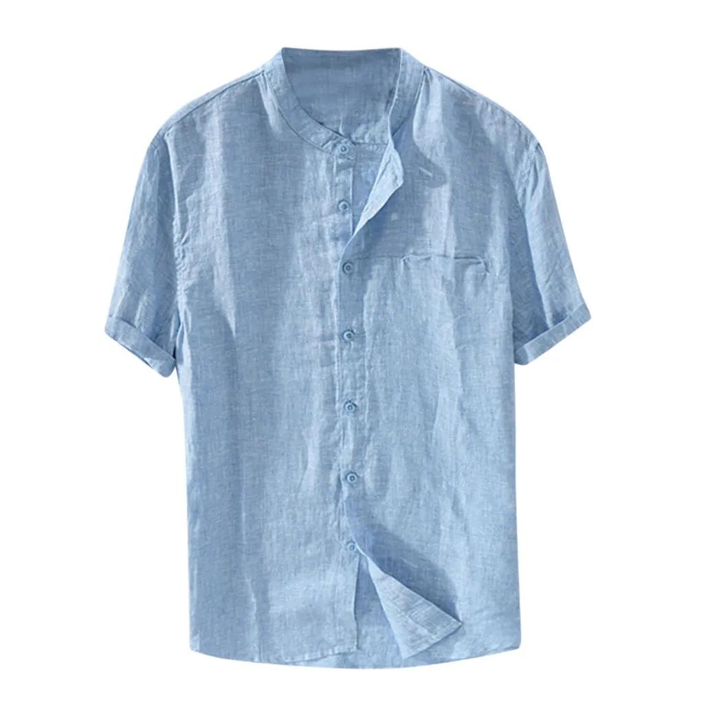 Повседневная мужская рубашка Camisa, рубашка с коротким рукавом, Мужская мешковатая хлопковая льняная однотонная Свободная блузка, топы, уличная одежда Camisa masculina - Цвет: Light blue