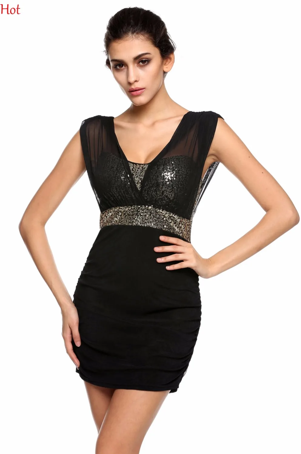 Для женщин сексуальное платье Sequins майка топ Жилет Платье облегающее глубокий v
