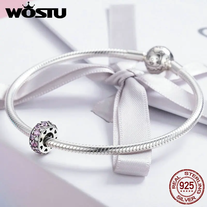 WOSTU, лидер продаж, серебро 925 пробы, Сверкающий Розовый CZ разделитель, очаровательный браслет из бисера, S925 серебро, сделай сам, ювелирное изделие, подарок, FIC635