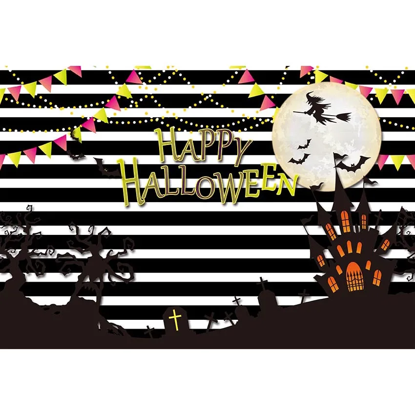 

Vinyl Black White Stripe Photography Background happy halloween Cemetery With Magic Trees flags for newborn children backdrop