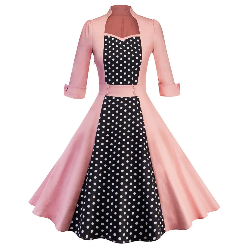 

Women's Vintage Square Collar Polka Dots Patchwork Slim Swing Cotton Autumn Dress Audrey Hepburn Casual Party 1950S Dresses