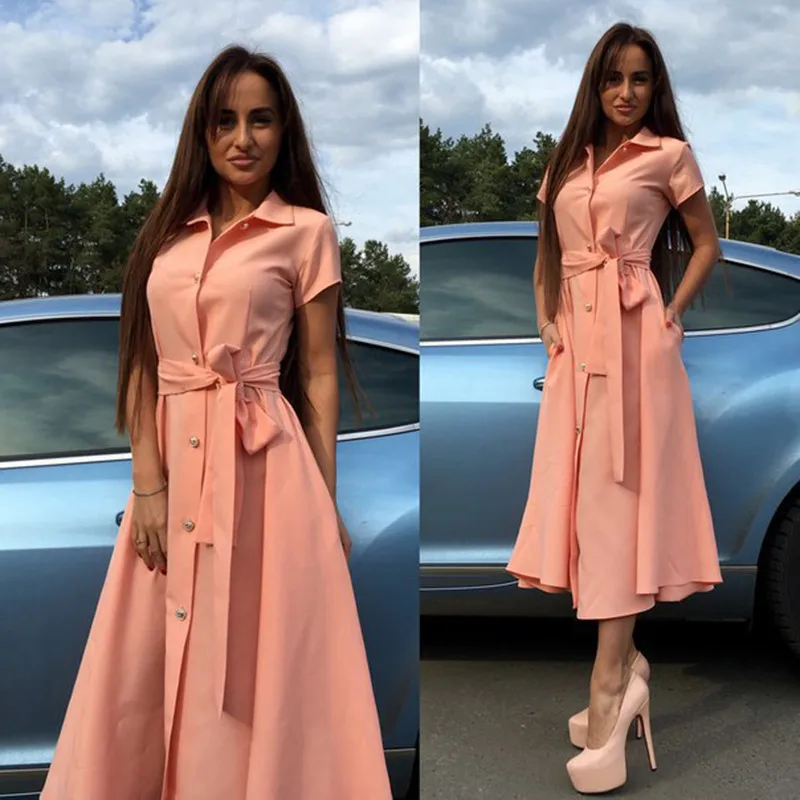 Желтое красное платье с разрезом сбоку женское длинное платье-рубашка поясом