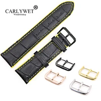 carlywet 18 20 22mm black real leather handmade yellow stitches replacemet watch band strap with silver color polished buckle