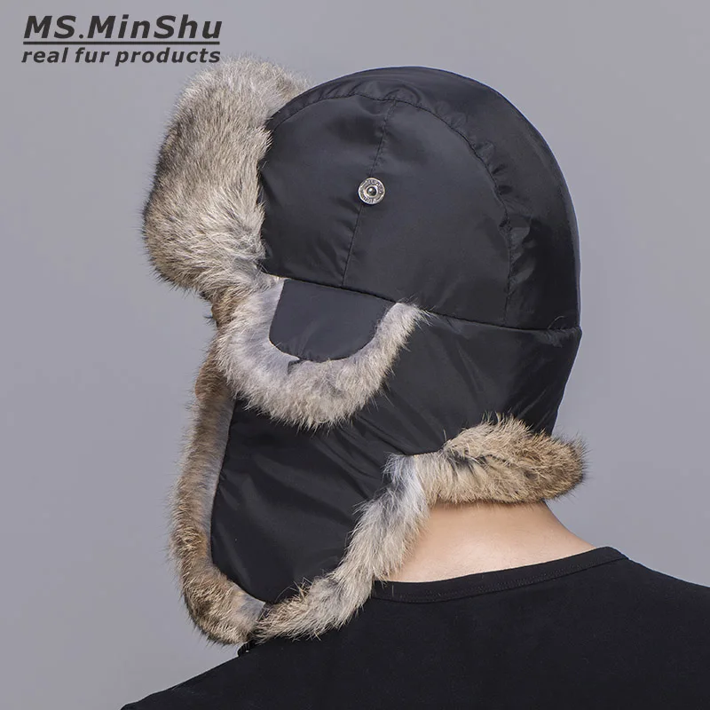 MS.MinShu Natural Rabbit Fur Hat Winter Skiing Hat Unisex Genuine Rabbit Fur Trapper Hat Natural Fur Bomber Hat Man Women