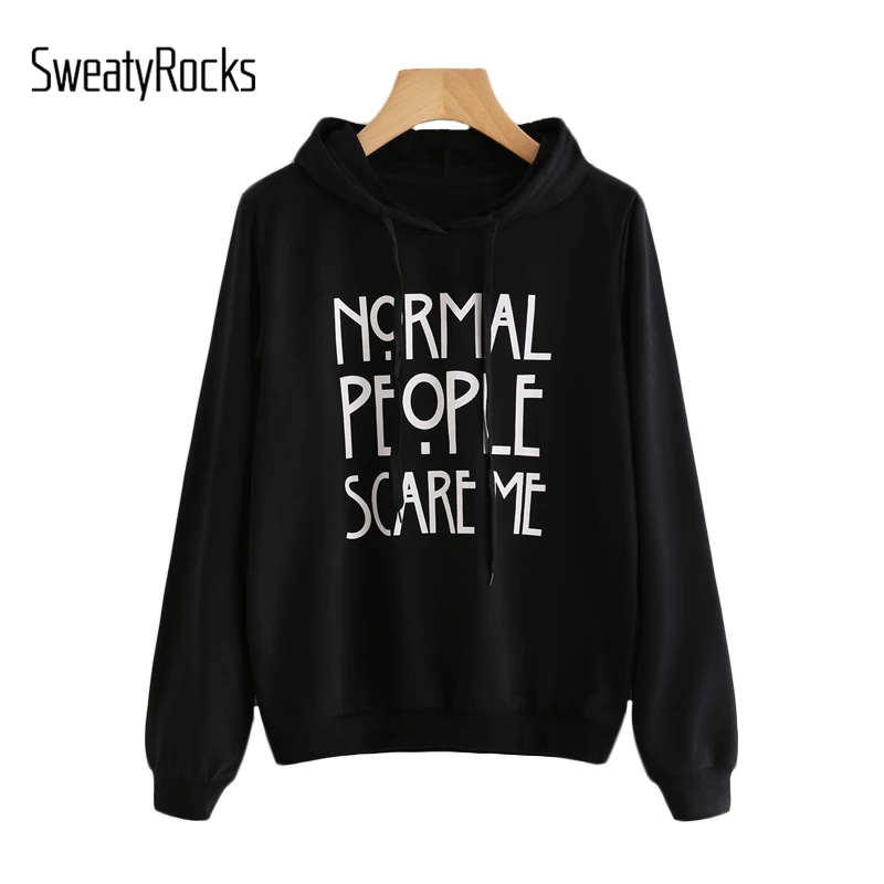 SweatyRocks, черные повседневные пуловеры с буквенным принтом на шнурке, с длинным рукавом, осенние модные женские базовые осенние толстовки с капюшоном