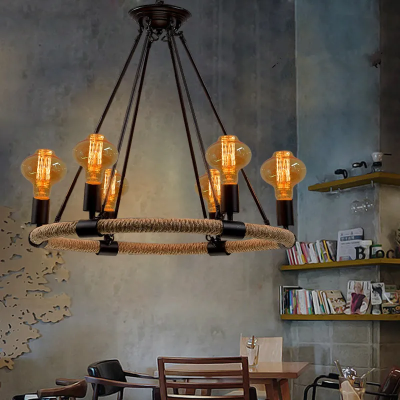 6 Lights Веревочная люстра Лофт промышленный Ретро домашний декор деревенский подвесной светильник Кофейня Бар Ресторан ротанга абажур люстры - Цвет корпуса: 6 Lights