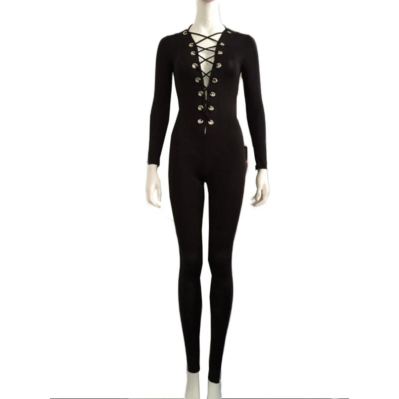 

Woman Tight Bodysuit Sexy Overalls Night Club Rompers Party Bodycon Jumpsuits Lace-up Design Macacao Long Sleeve Jumpsuit