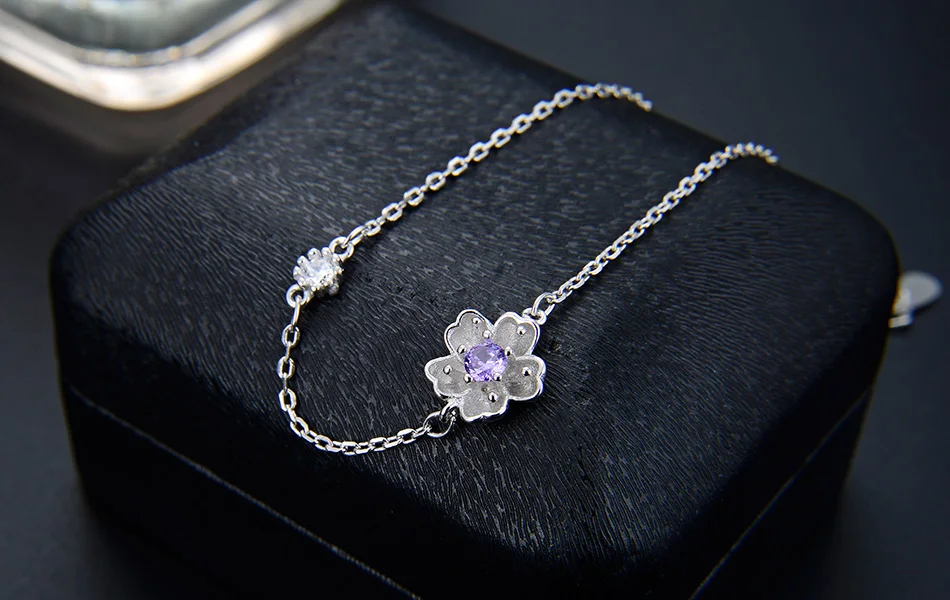 Effie queen 925 пробы серебряные женские браслеты романтический цветок фиолетовый циркон девушки браслет оригинальные женские ювелирные изделия подарок TSB40