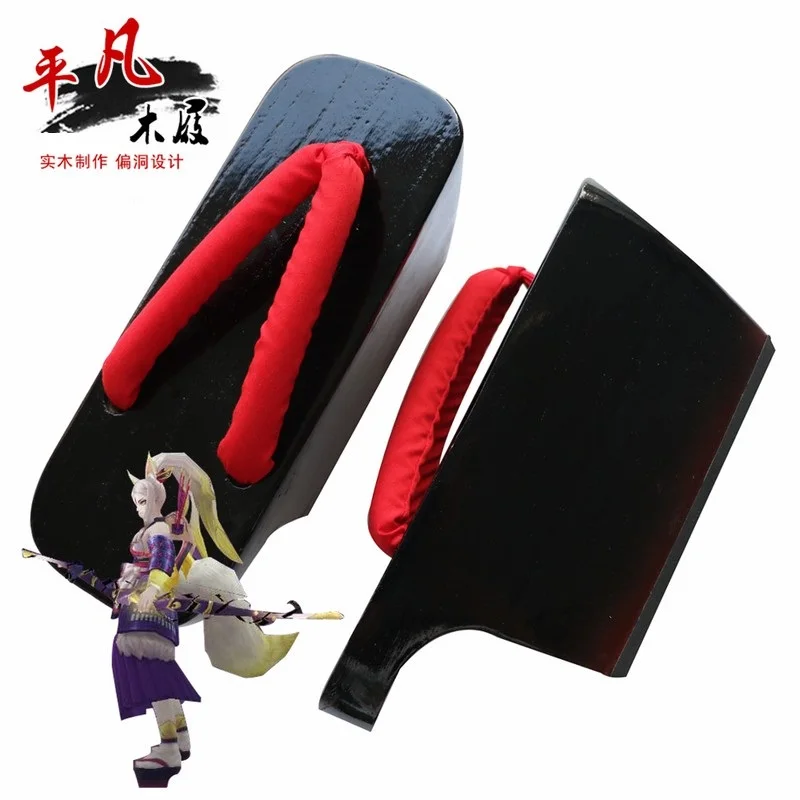 Women Lady Wooden Clogs 11CM Geta Slippers Thick Black Solid Wood Red Stripes Original Japanese Role-play Cosplay | Тематическая
