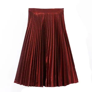 Весенне-осенняя новая плиссированная юбка металлического цвета, женская повседневная юбка длиной до колена, Женская юбка зеленого, синего, красного цвета с высокой талией