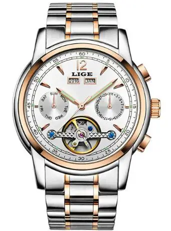 Relogio Masculino Мужские часы Роскошные Лидирующий бренд LIGE Tourbillon механические Спортивные часы мужские модные деловые мужские автоматические часы - Цвет: Gold white