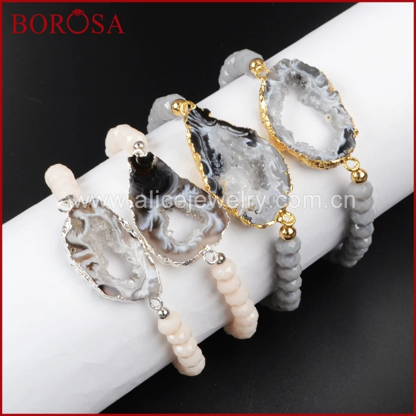 

BOROSA Gold Color Natural Onyx Druxy Crystal Druzy Geode Slice & 6mm Grey And Black Color Beads Bracelet for Women G1019