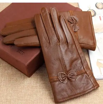 brown thick Кожаные перчатки из овчины, качественные женские перчатки из натуральной кожи с бантом, утепленные тонкие - Цвет: brown thick