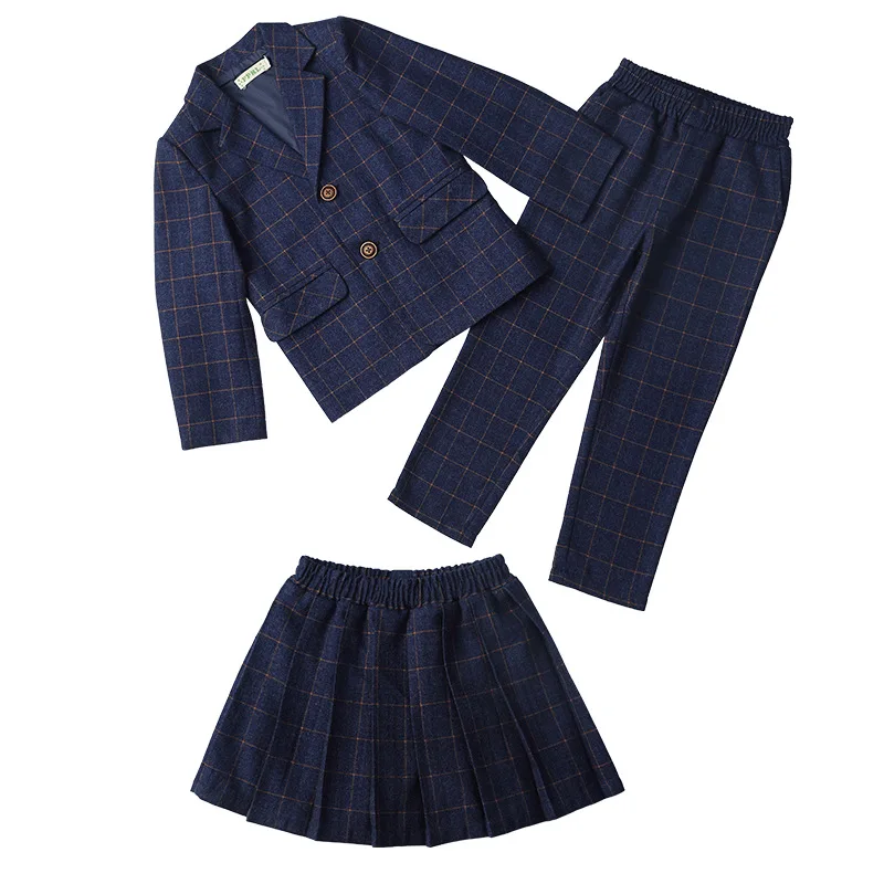 Детский костюм для мальчиков и девочек; школьная форма для колледжа; костюм для выступлений; детский клетчатый Блейзер; куртка; брюки; комплект одежды из 2 предметов