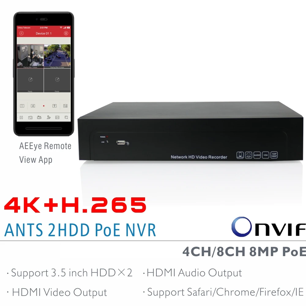 Муравьи 4CH 8CH H.265 4 К (8MP) onvif PoE NVR Поддержка 2x6 ТБ SATA HDD с AEEye смартфон Посмотреть
