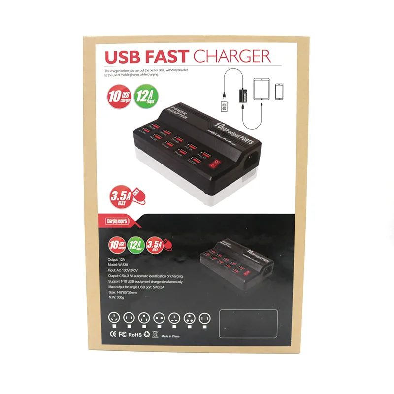 10 USB 2,0 портов 5 V 12A зарядное устройство с адаптером универсальная станция для iPhone для samsung для мобильных телефонов Xiaomi