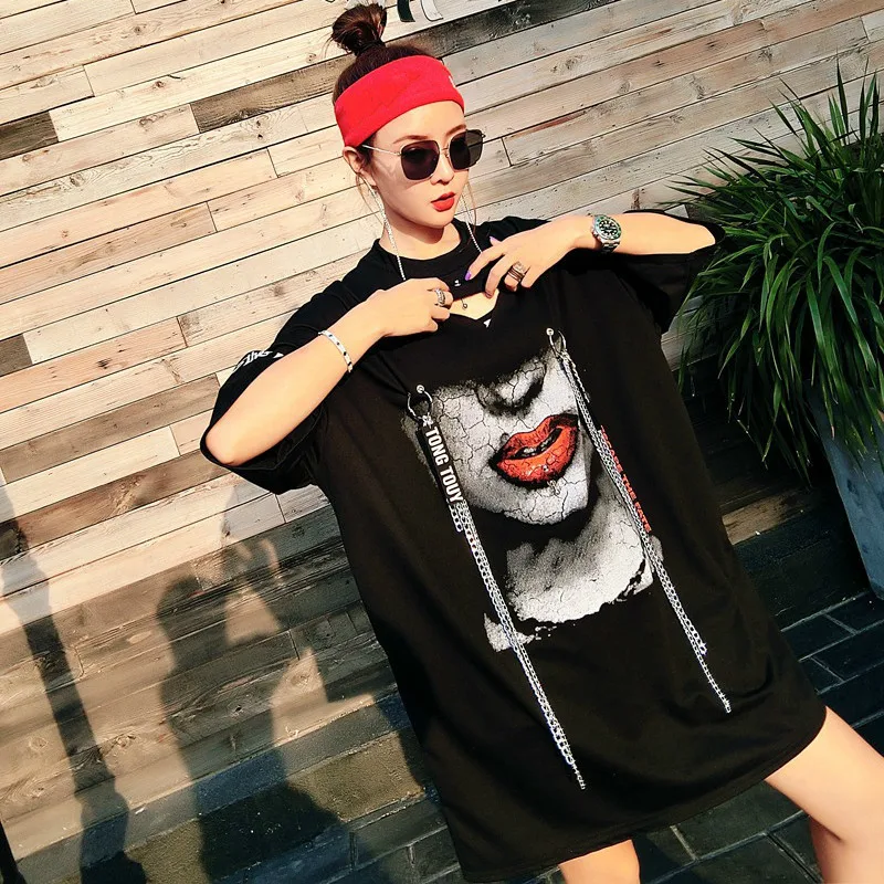 Vefadisa Chain Decoration Shirt for Women 2018 Casual Tops Character Print Summer T Short Sleeve Plus Size AD1903 | Женская одежда