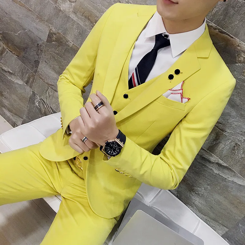 yellow 1 buckle Роскошный мужской тонкий Одноцветный двубортный костюм из 3 предметов, свадебное платье для жениха, мужской комплект, одежда для ужина, пиджак+ брюки+ жилет - Цвет: yellow 1 buckle