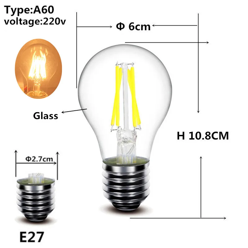 2w 4w 6w 8w E27 E14 прозрачный СВЕТОДИОДНЫЙ лампы A60 G45 C35 B10 220v AC Эдисон светодиодный нити пламени свечи лампы светильник 230 В переменного тока - Испускаемый цвет: A60 E27